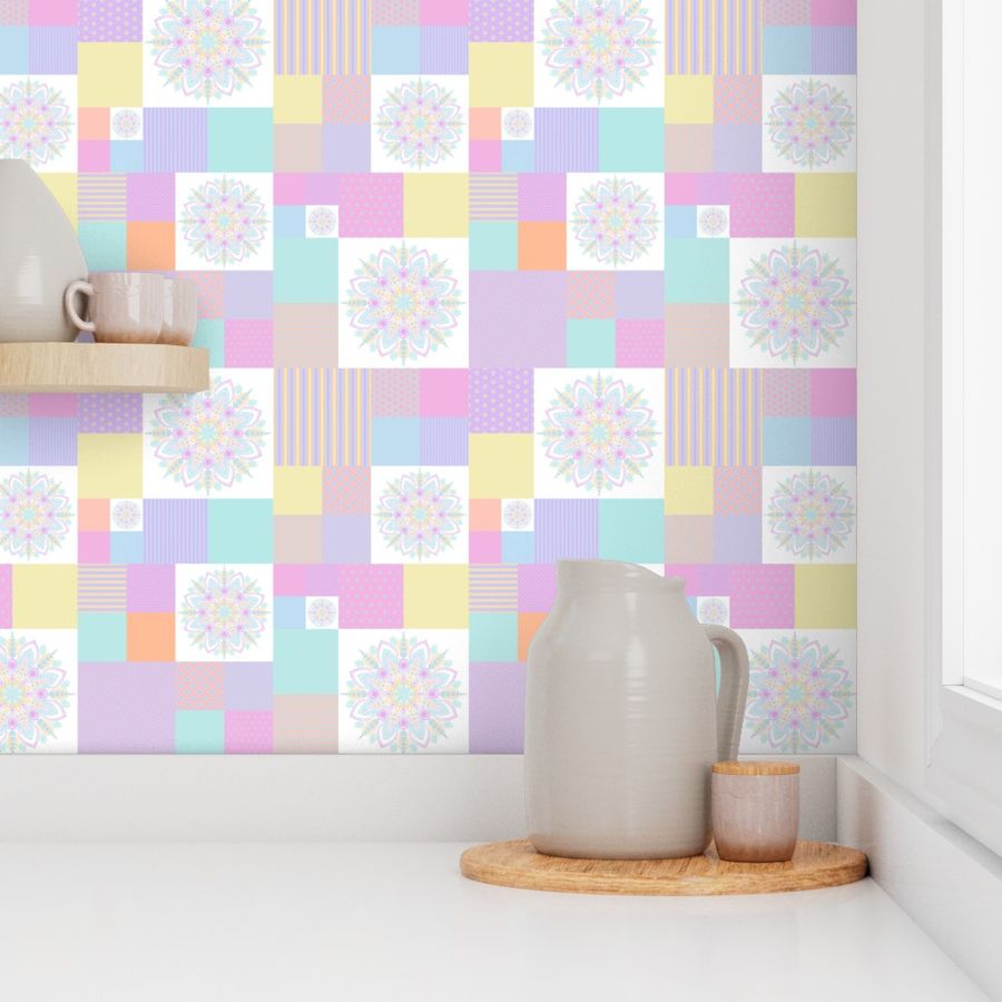 Medium Pastel Rainbow Dot Mandala Patchwork Cheater Quilt
