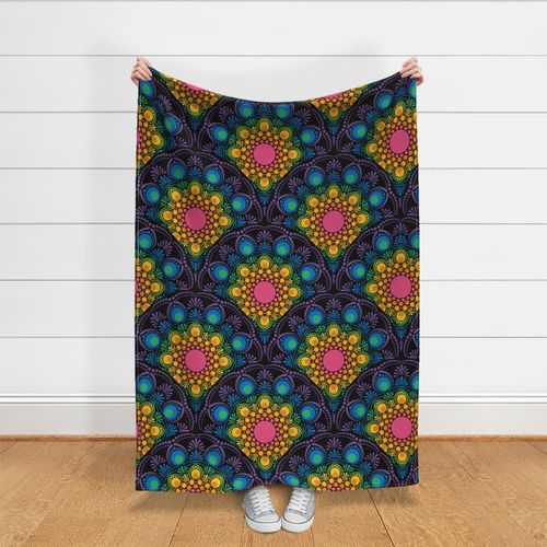 Large Black Maximalist Rainbow Floral Fountain Art Deco Scallop