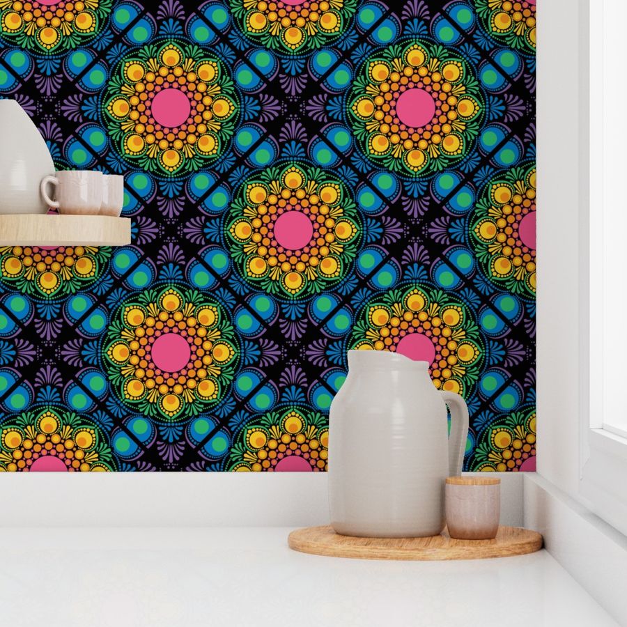 Medium Black Maximalist Rainbow Floral Fountain Diamond Tile
