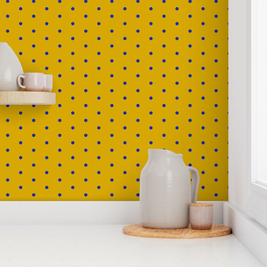 Geometric Navy And Gold Egyptian Blue Polka Dots On Mustard Yellow