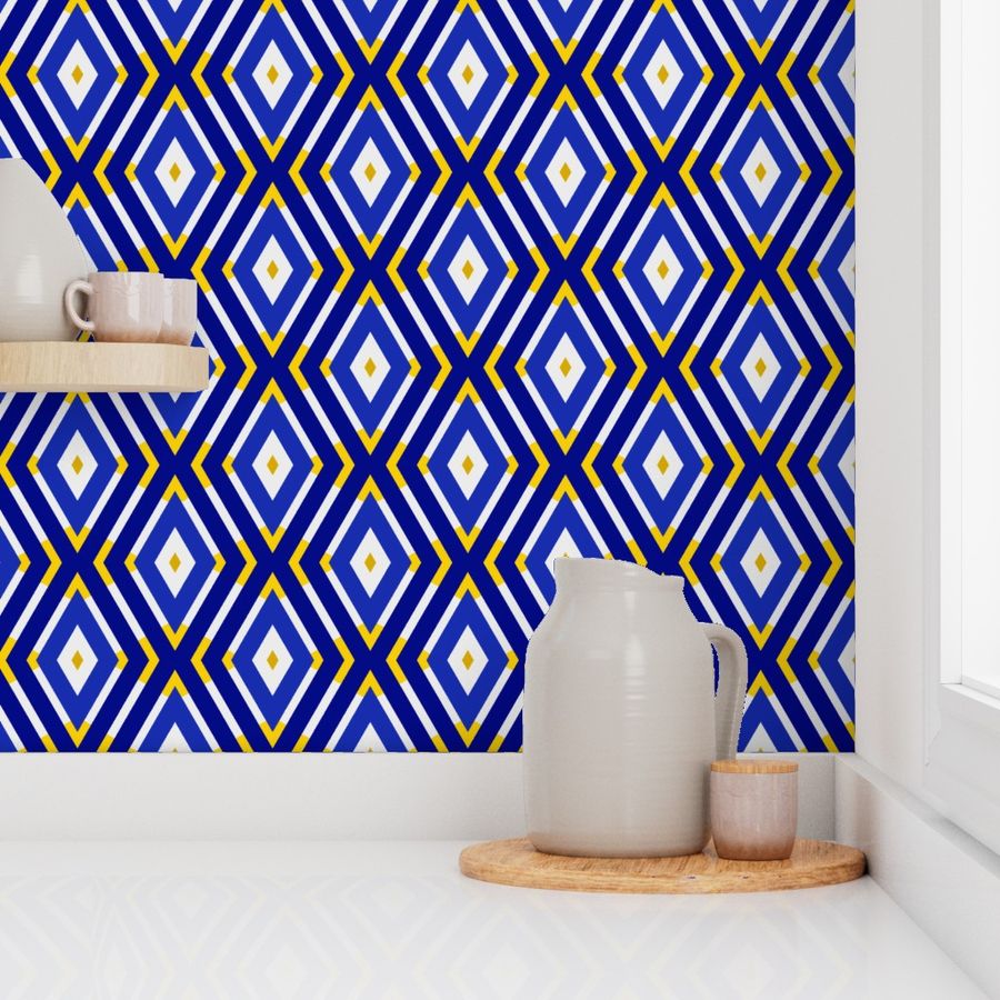 Geometric Navy And Gold Colorful Diamonds And Zigzags