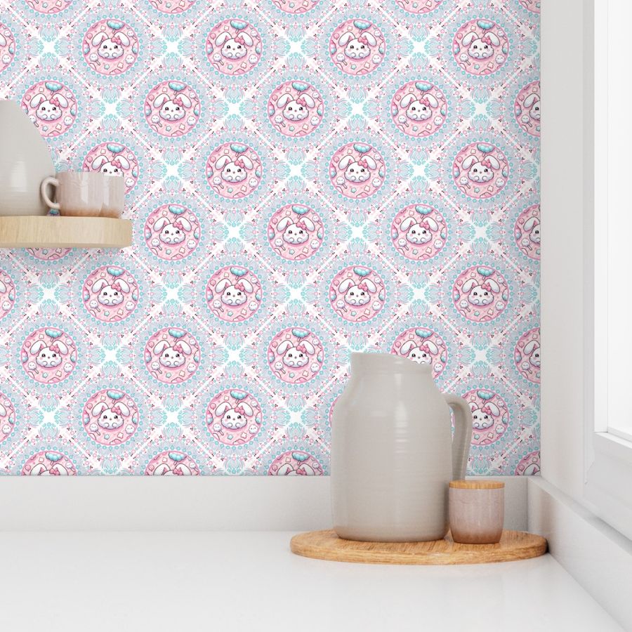 Small Cotton Candy Kawaii Bunny Dot Mandala Diamond Tile
