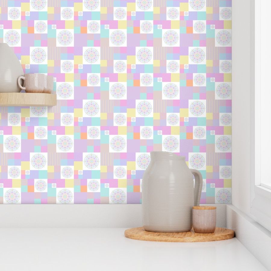 Small Pastel Rainbow Dot Mandala Patchwork Cheater Quilt