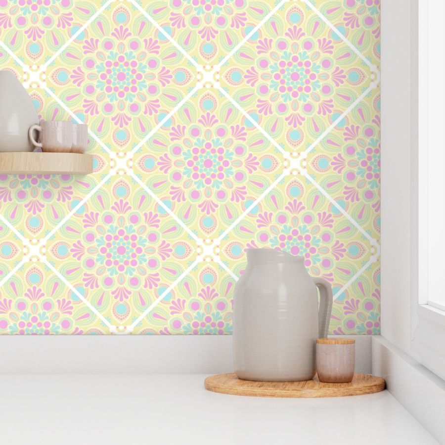 Medium Pastel Rainbow Rosette Serenity Diamond Tile Mandala