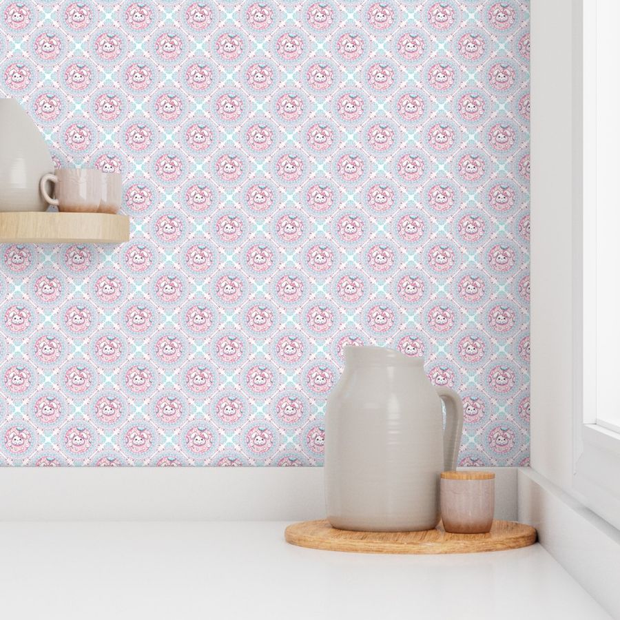 Ditsy Cotton Candy Kawaii Bunny Dot Mandala Diamond Tile