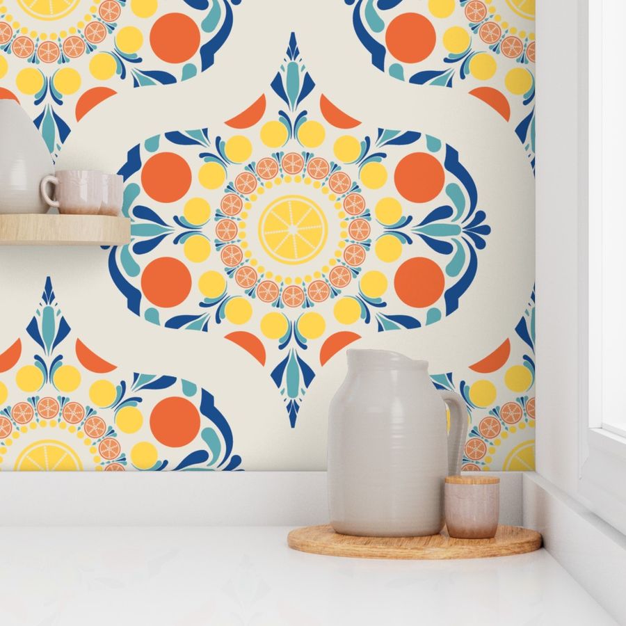 Large Aegean Summer Oranges And Lemons Mid Mod Ogee