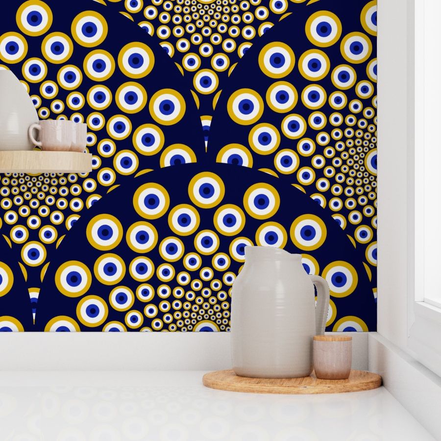Conversational Bathroom We Are Watching You Navy And Gold Art Deco Scallop