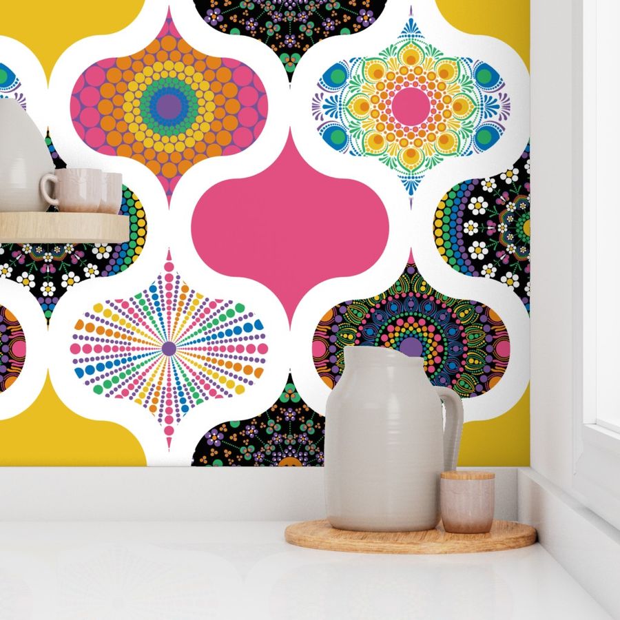 Large Maximalist Rainbow Dot Mandalas Ogee Patchwork Cheater Quilt