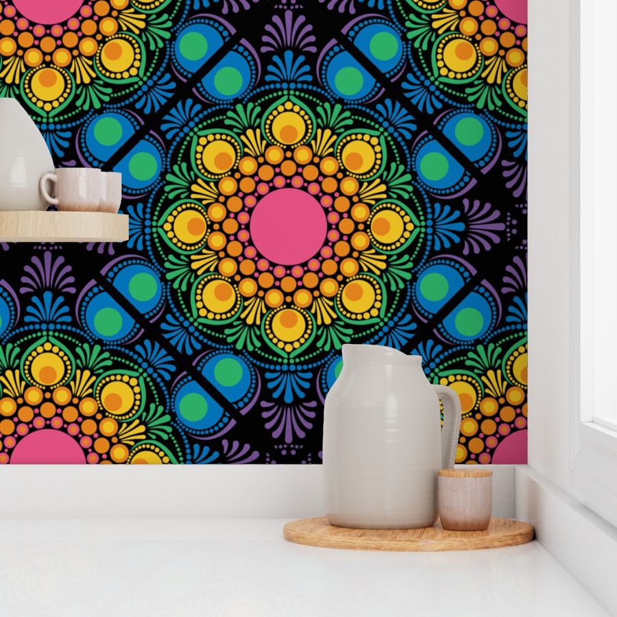 Large Black Maximalist Rainbow Floral Fountain Diamond Tile