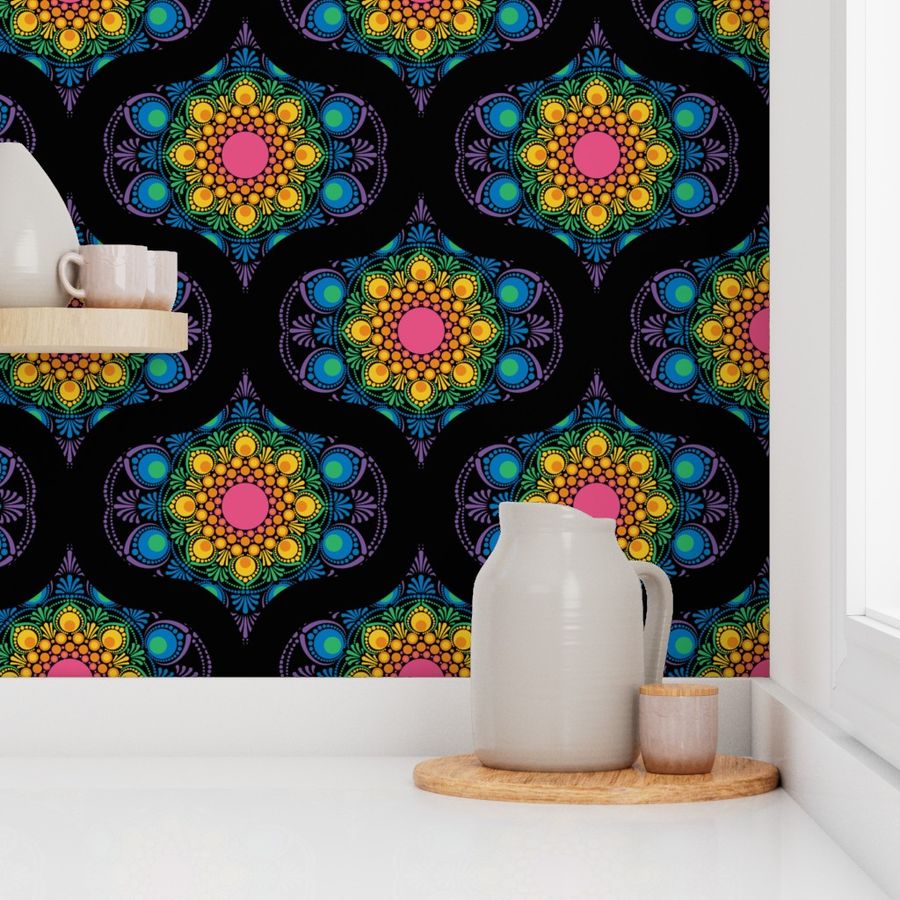 Medium Black Maximalist Rainbow Floral Fountain Mid Mod Ogee