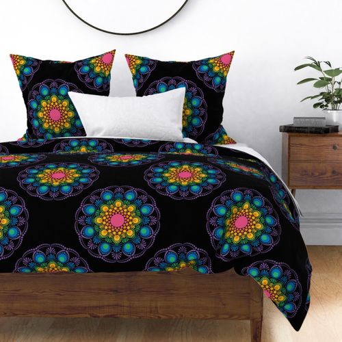 Large Black Maximalist Rainbow Floral Fountain Polka Dots