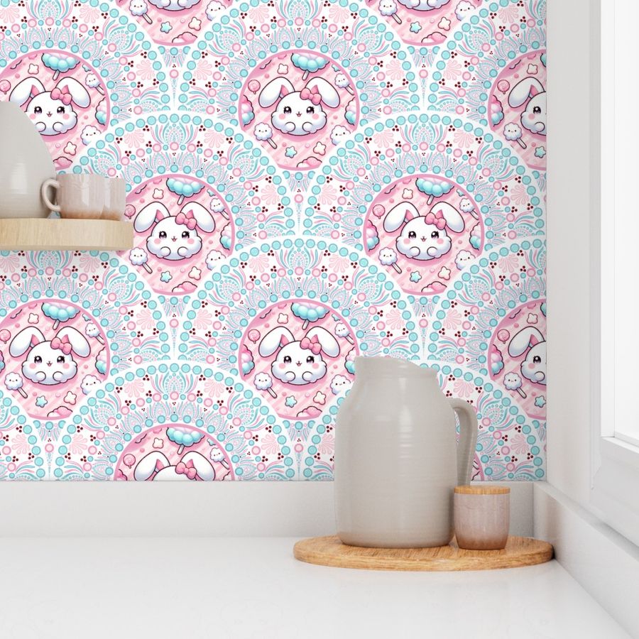 Medium Cotton Candy Kawaii Bunny Dot Mandala Art Deco Scallops