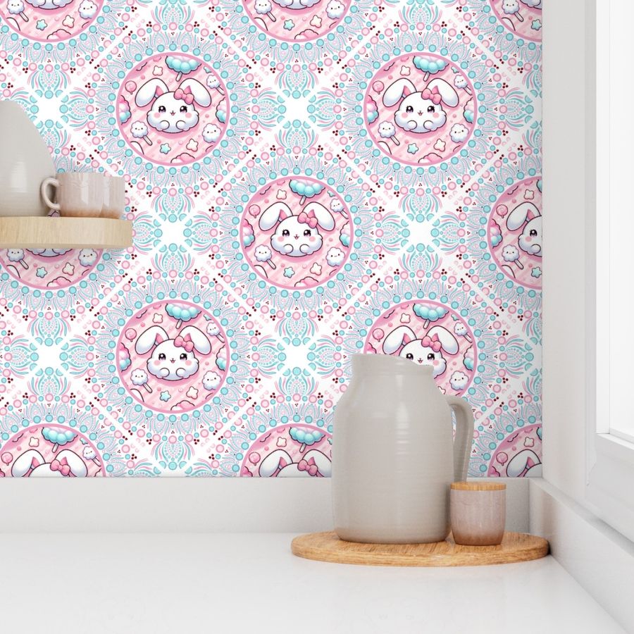 Medium Cotton Candy Kawaii Bunny Dot Mandala Diamond Tile