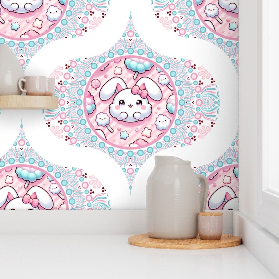 Large Cotton Candy Kawaii Bunny Dot Mandala Mid Mod Ogee