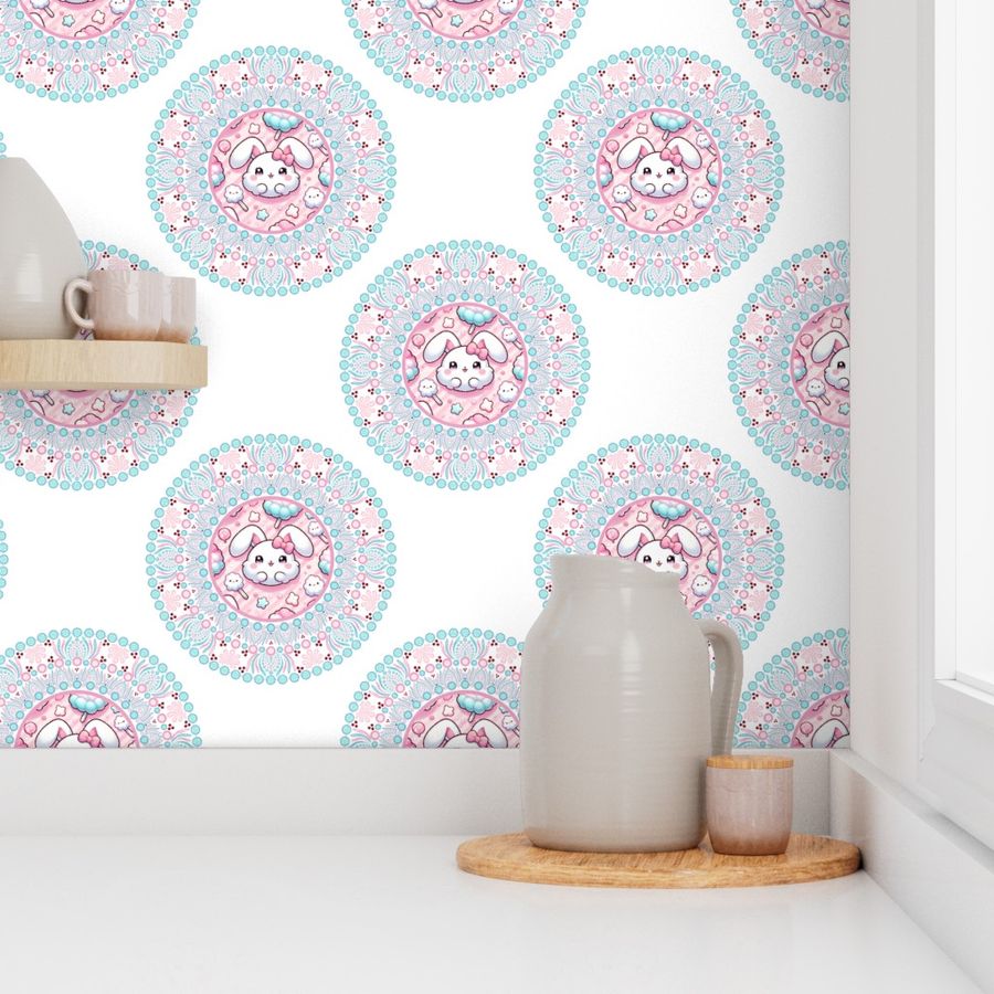 Medium Cotton Candy Kawaii Bunny Polka Dot Mandala