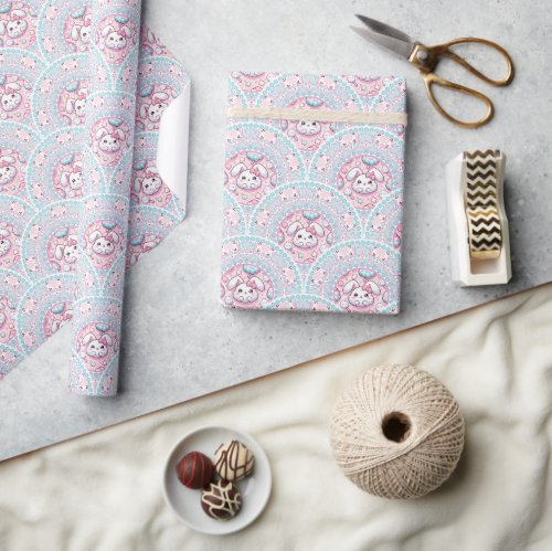 Cotton Candy Kawaii Bunny Mandala Art Deco Scallop Wrapping Paper