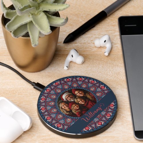 Custom Family Portrait Russet Christmas Mandala Wireless Charger