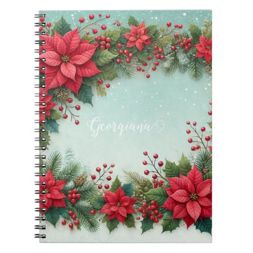 Custom Name Christmas Floral Watercolor Poinsettia Notebook