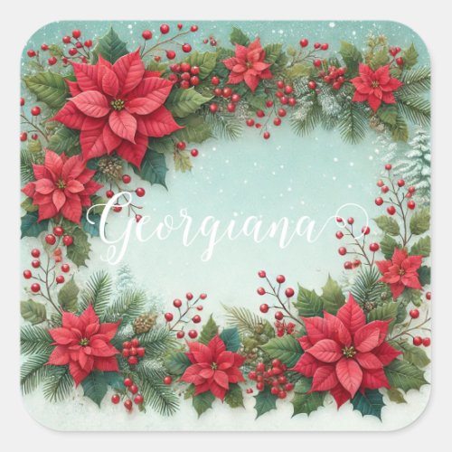 Custom Name Christmas Floral Watercolor Poinsettia Square Sticker