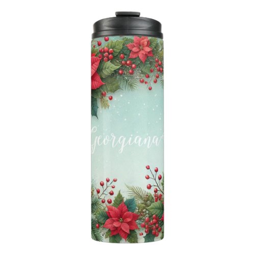 Custom Name Christmas Floral Watercolor Poinsettia Thermal Tumbler