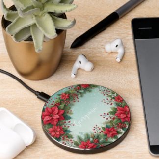 Custom Name Christmas Floral Watercolor Poinsettia Wireless Charger