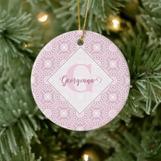 Custom Name Pretty Pink Confetti Lace Mandala Tile Ceramic Ornament