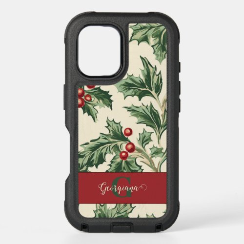 Monogram Vintage Christmas Holly & Berries Pattern iPhone 16 Case