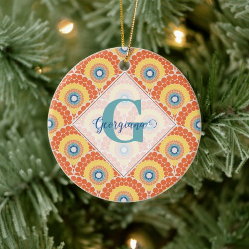 Monogrammed Art Deco Aegean Summer Radiant Mandala Ceramic Ornament