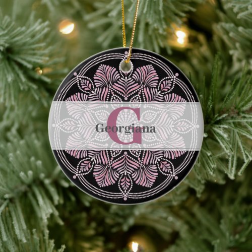 Monogrammed Dusky Rose Floral Fronds Dot Mandala Ceramic Ornament