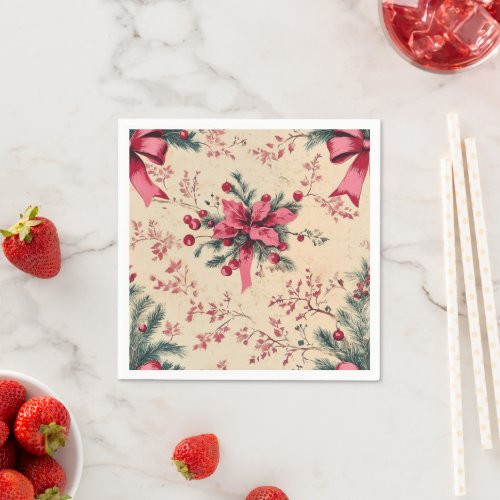 Nostalgic Holiday Pink Bows & Berries Découpage Napkins