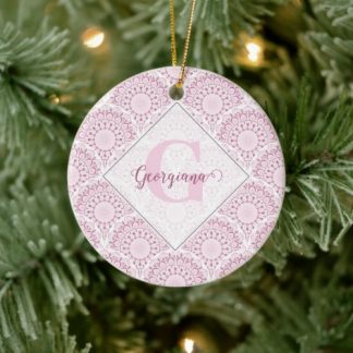 Personalized Art Deco Pink Confetti Lace Mandala Ceramic Ornament