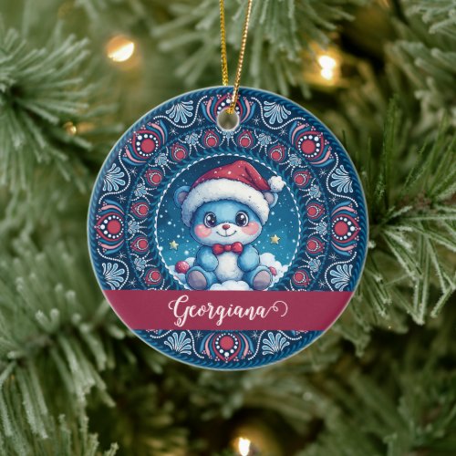 Personalized Christmas Kawaii Bear Dot Mandala Ceramic Ornament