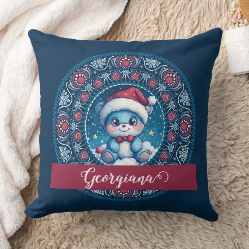 Personalized Christmas Kawaii Bear Dot Mandala Throw Pillow
