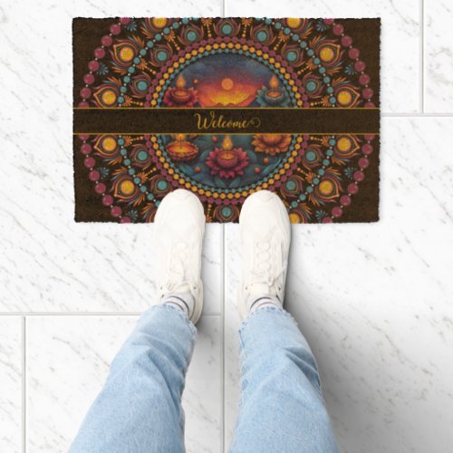 Personalized Colorful Diwali Festival Mandala Fiber Doormat