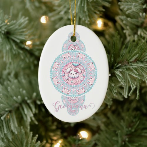 Personalized Cute Kawaii Bunny Ornamental Mandala Ceramic Ornament