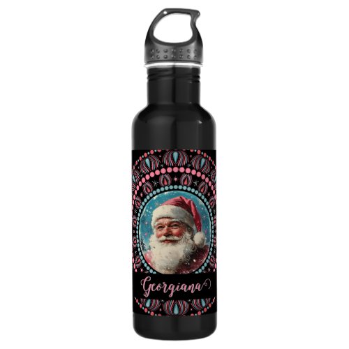 Personalized Retro Santa Pinkmas Floral Mandala Stainless Steel Water Bottle