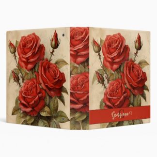 Personalized Vintage Watercolor Floral Red Roses 3 Ring Binder