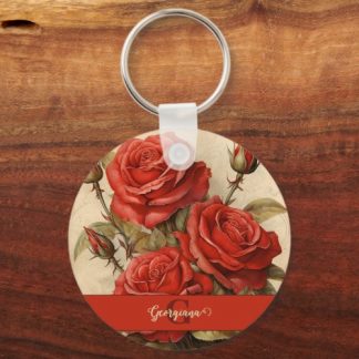 Personalized Vintage Watercolor Floral Red Roses Keychain