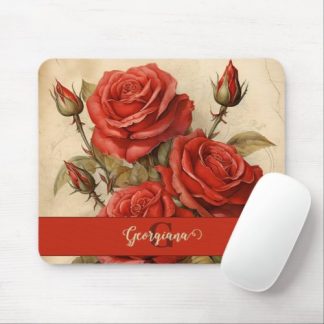 Personalized Vintage Watercolor Floral Red Roses Mouse Pad