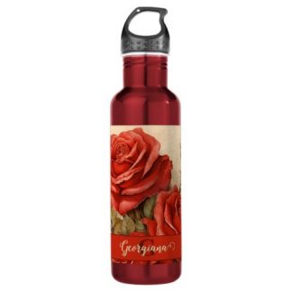 Personalized Vintage Watercolor Floral Red Roses Stainless Steel Water Bottle