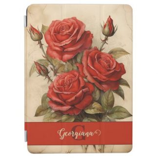 Personalized Vintage Watercolor Floral Red Roses iPad Air Cover
