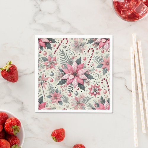 Pink Poinsettia & Candy Canes Decoupage Napkins