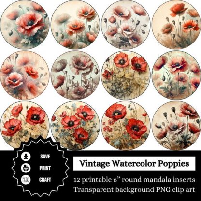 Vintage Watercolor Poppies Printable Mandala Inserts, 12 Transparent 6 Inch PNG Files, Scrapbooking, Junk Journals, DIY Crafts, Stickers by sunnydazestudiouk