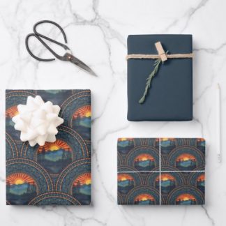 Vintage Wilderness Sunset Mandala Art Deco Scallop Wrapping Paper Sheets