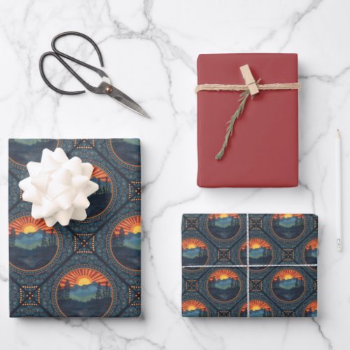Vintage Wilderness Sunset Mandala Geometric Tile Wrapping Paper Sheets