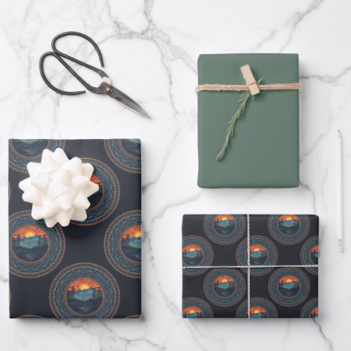 Vintage Wilderness Sunset Polka Dot Mandala Wrapping Paper Sheets