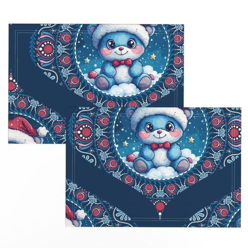 Large Cute Kawaii Christmas Bear Dot Mandala Mid Century Modern Ogee Damask