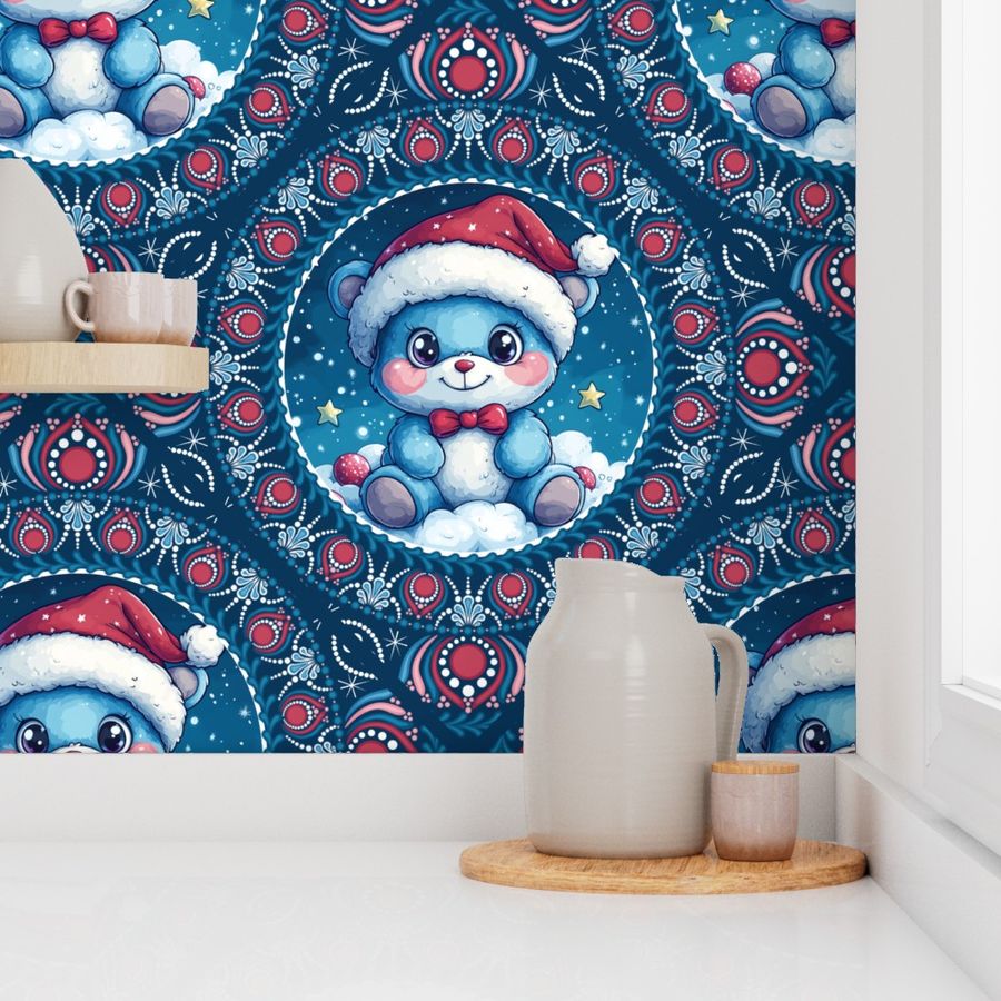 Large Cute Kawaii Christmas Bear Dot Mandala Geometric Diamond Tile