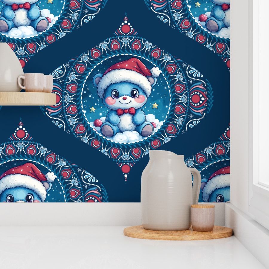 Large Cute Kawaii Christmas Bear Dot Mandala Mid Century Modern Ogee Damask