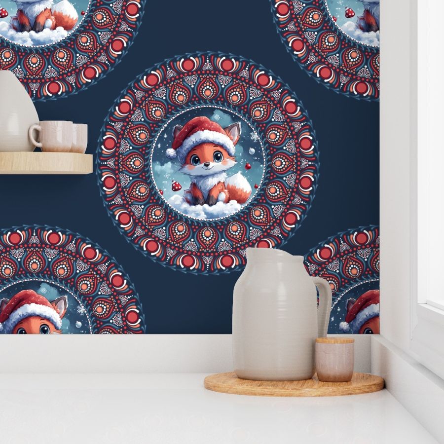 Large Cute Kawaii Christmas Fox Classic Polka Dot Mandala Festive Floral